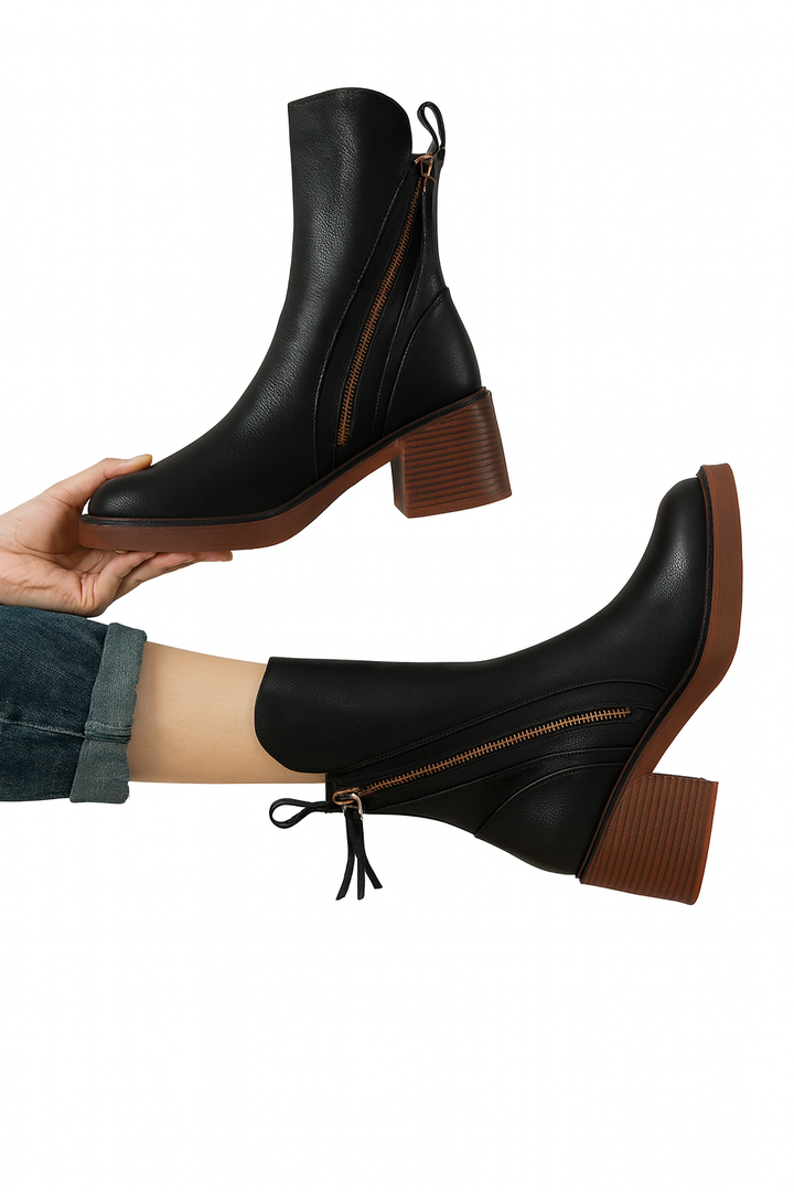 Valorine™ | Stivali in pelle nera con tacco comodo, eleganti e senza tempo